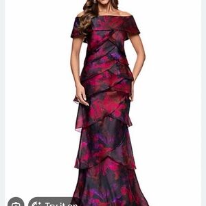 Xscape One-Shoulder Layered Floral Gown in Red and Purple